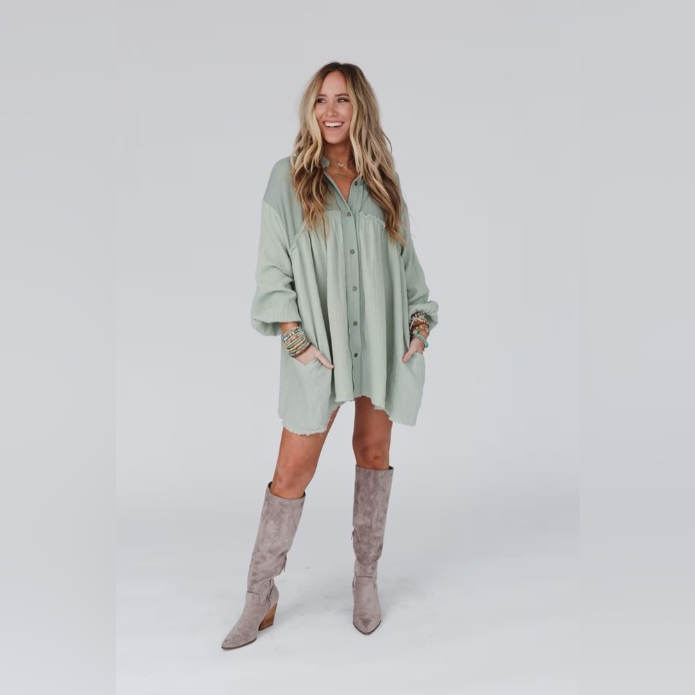 Three Bird Nest Long Sleeve Sage Green Button-Up Dress - Picture 8 of 9